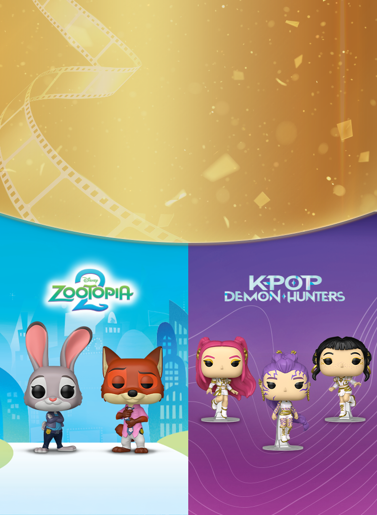Gold background with confetti and film strip pattern featuring Funko POP! Disney Zootopia 2 and Netflix KPop Demon Hunters collections