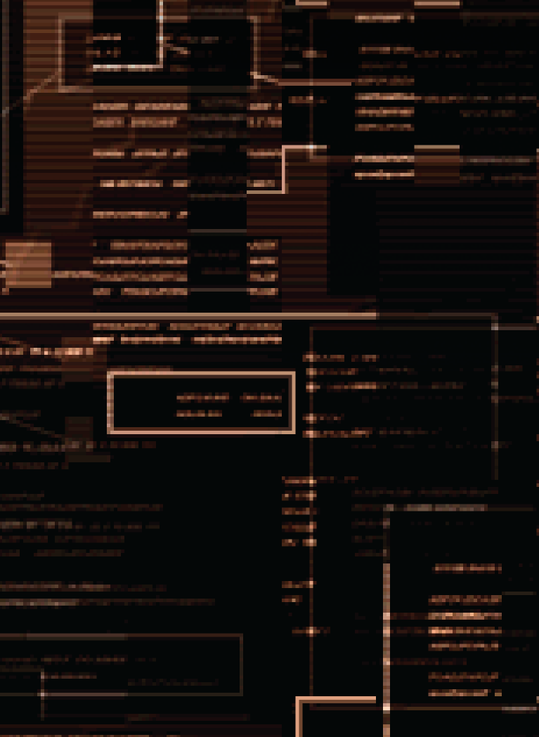 Dark, sepia-colored digital interface featuring layered computer windows, code panels, and futuristic HUD elements in a tactical sci-fi style