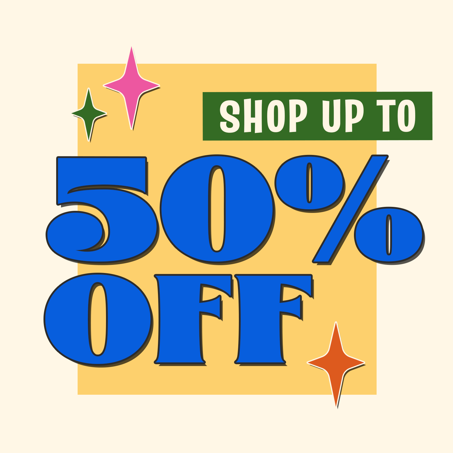 Tan background with bright Yellow box with Blue text messaging "shop up to 50% off". Click to shop the Summer Sale!