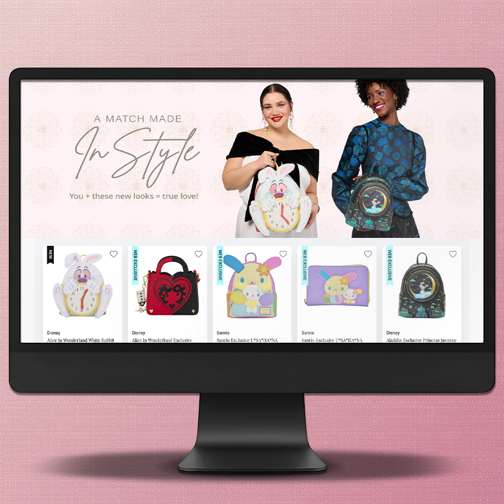 Pink background with Black computer screen with screen grab of Loungefly Seasonal Fashion landing page