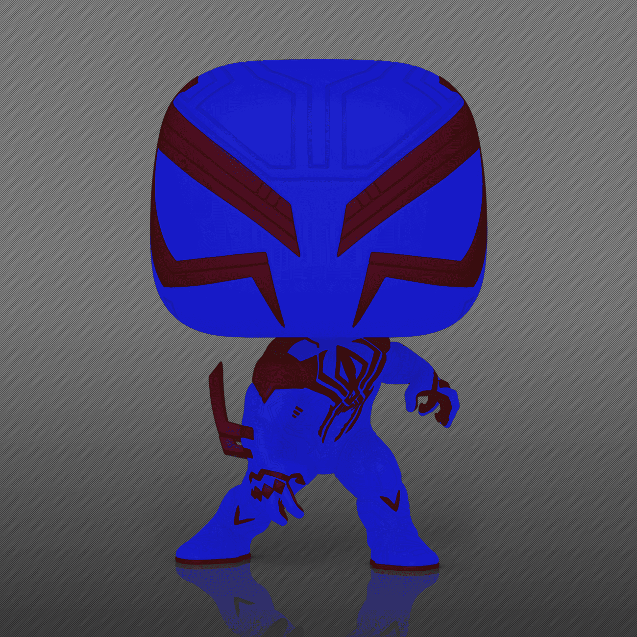 The Entertainment Earth exclusive glow-in-the-dark Pop! Spider-Man 2099 from Spider-Man: Across the Spider-Verse appears in darkness.