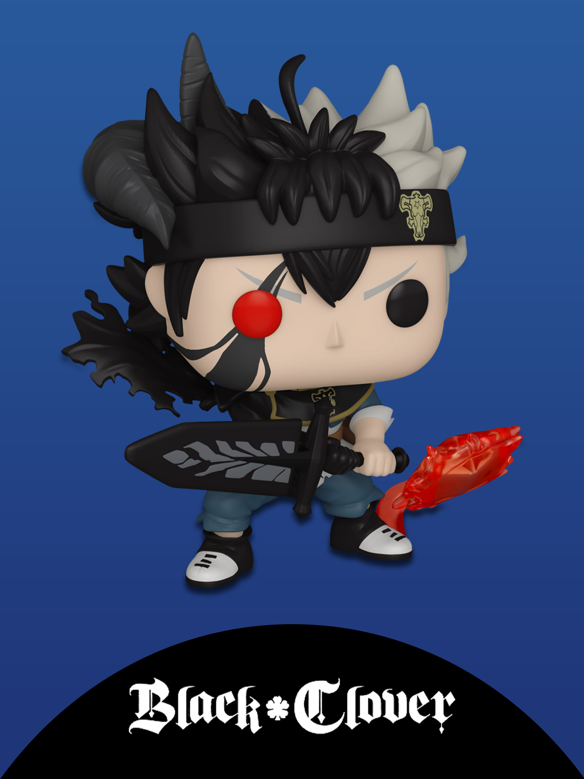 Blue gradient background featuring Black Clover Funko Pop! vinyl collectible