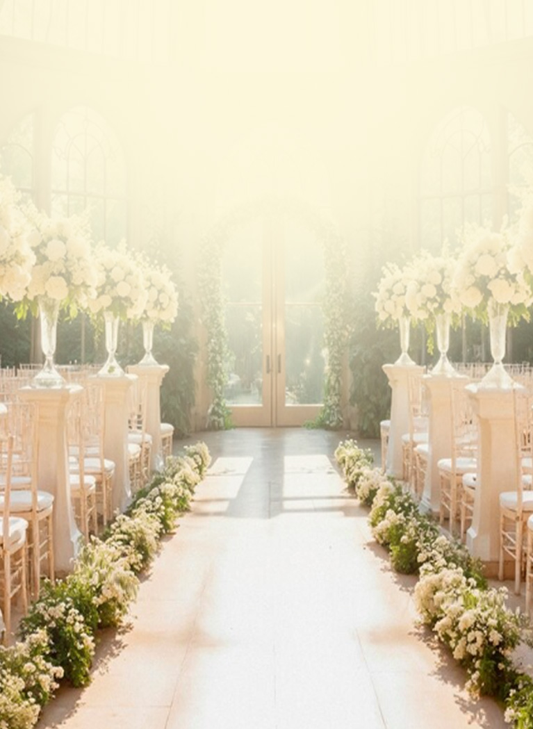 Wedding venue background with White/Tan chairs, Green/White florals and big doors with a tan gradient overlay