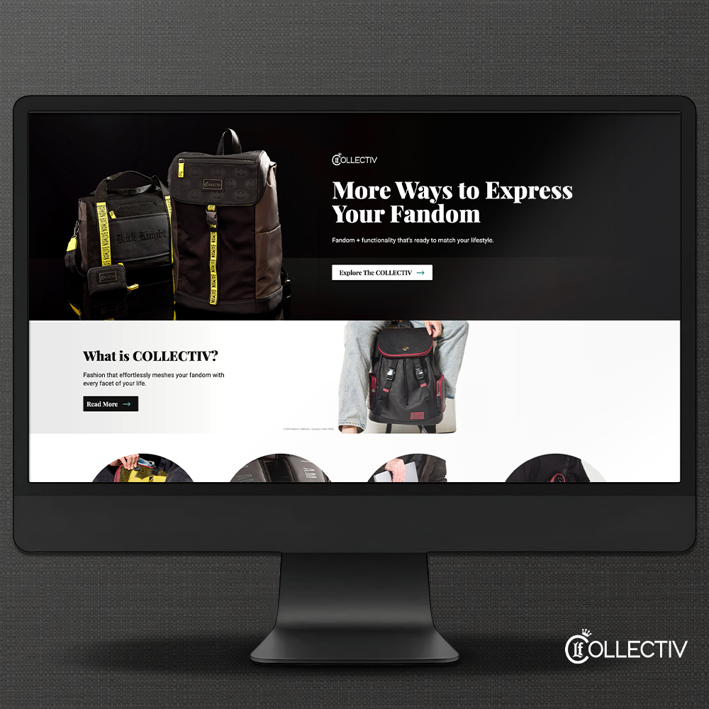 Black background with Black computer screen with screen grab of Loungefly COLLECTIV landing page