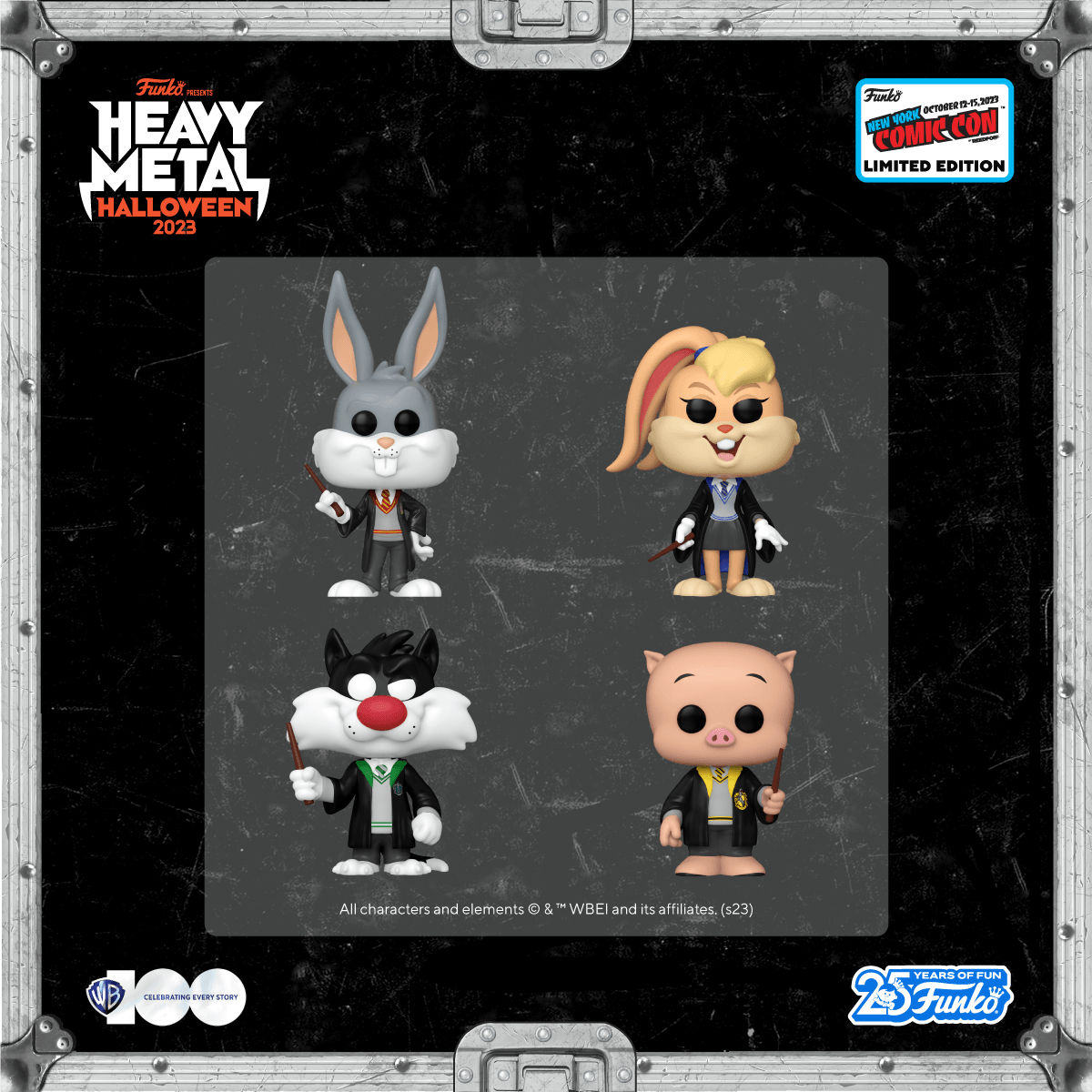 NYCC 2023 Exclusive Pop! Bugs Bunny in Gryffindor robes, Pop! Lola Bunny in Ravenclaw robes, Pop! Sylvester in Slytherin robes, and Pop! Porky in Hufflepuff robes.