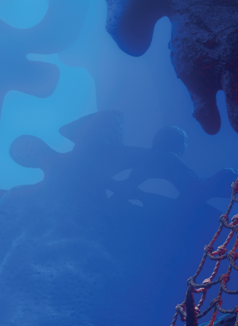 Cartoon underwater landscape background with coral, anchors, and pirate ship pieces