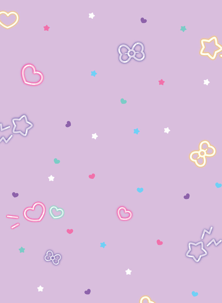 Light Purple background featuring neon hearts, stars, and bows