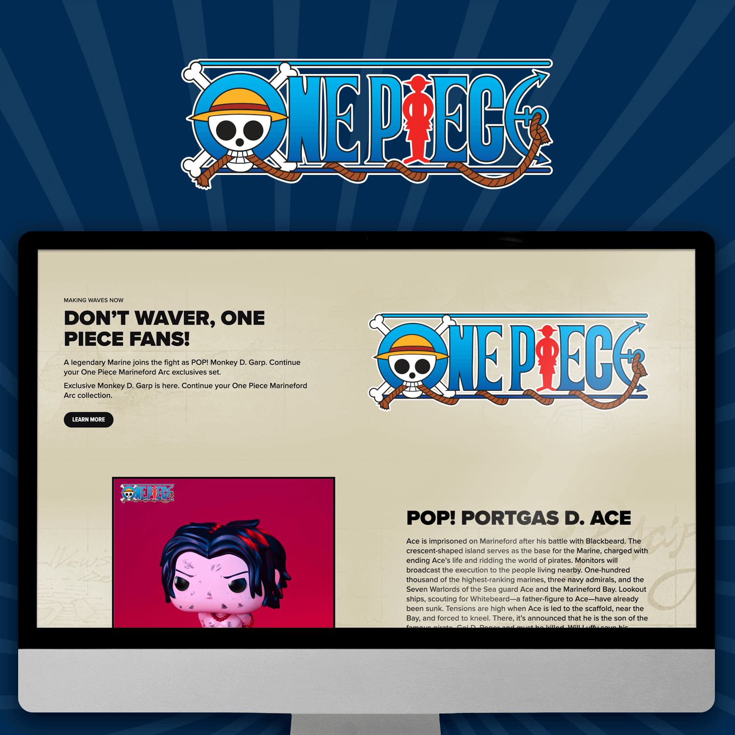 One Piece landing page inside a screen