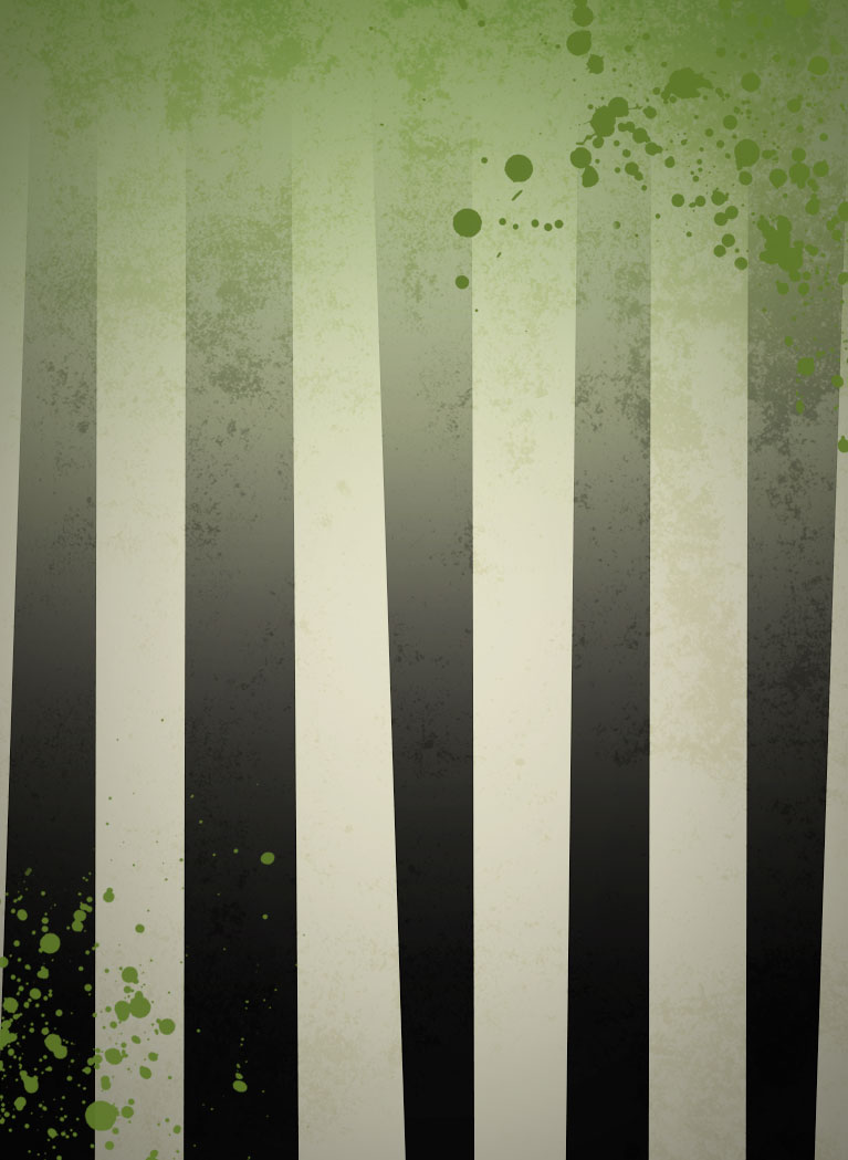 Black and White striped background with green grunge splatter and hue