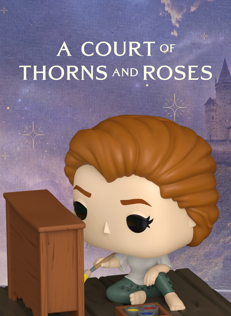 Watercolor fantasy background featuring Funko Pop! A Court of Thorns and Roses vinyl collectibles