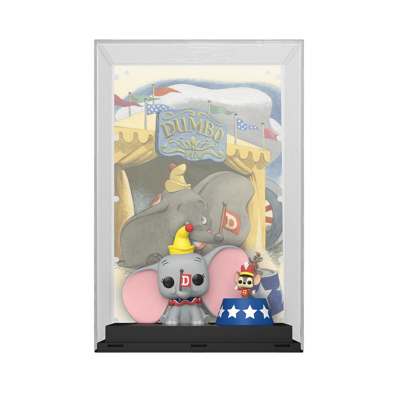 The Pop! Movie Posters Dumbo and Timothy features the original poster artwork from Disney’s Dumbo, along with Funko Pops! of Dumbo the elephant and Timothy the mouse. Dumbo wears a clown hat and ruffled collar while waving a flag with the letter “D” held in his trunk. Timothy stands on a ringleader’s platform while dressed in a marching band major’s outfit. The artwork and collectibles appear in a transparent acrylic display case.