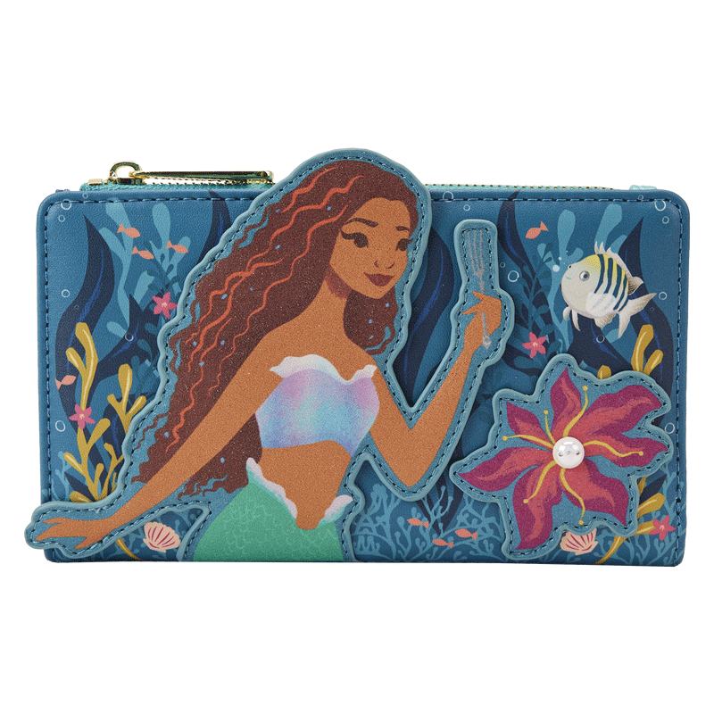 Loungefly Disney The Little Mermaid Live Action Zip-Around Wallet, featuring Ariel under the sea, surrounded by aquatic life