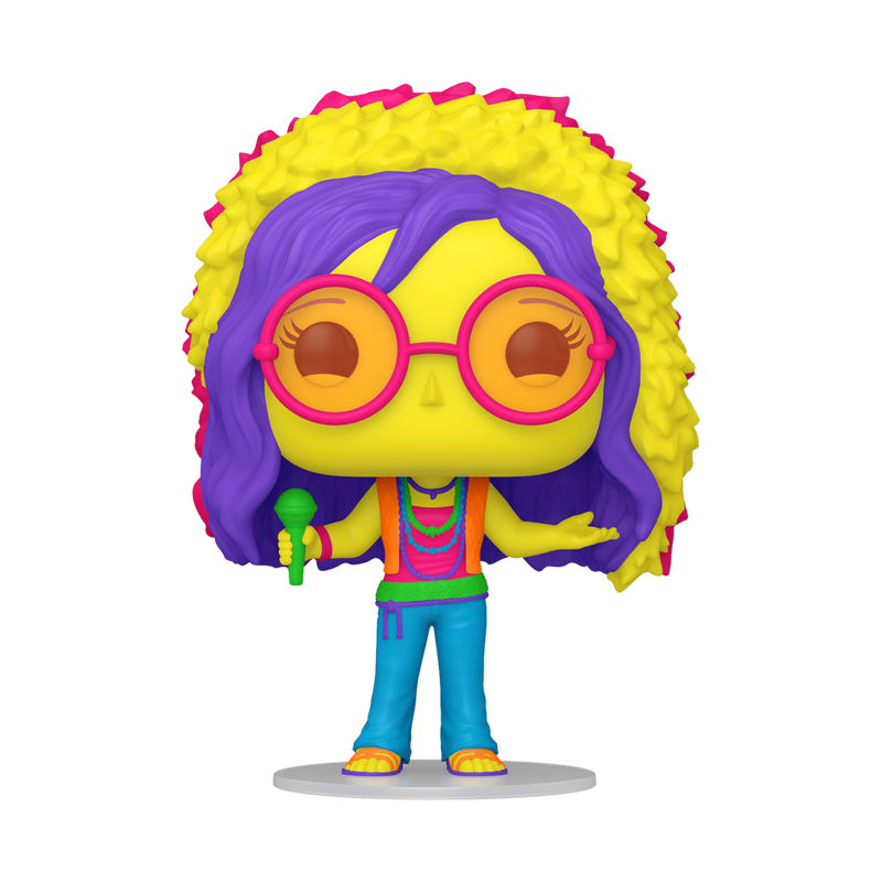 Pop! Janis Joplin in black light form, glowing in psychedelic colors, microphone in hand and ready to perform