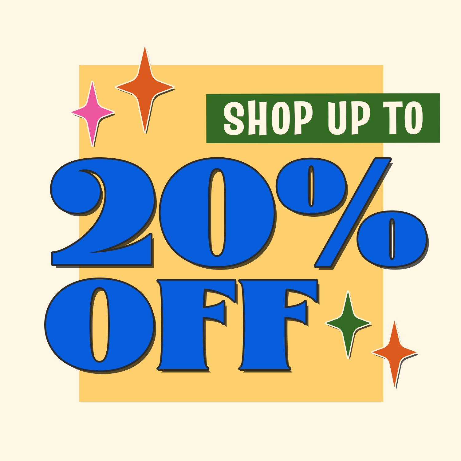 Tan background with bright Yellow box with Blue text messaging "shop up to 20% off". Click to shop the Summer Sale!