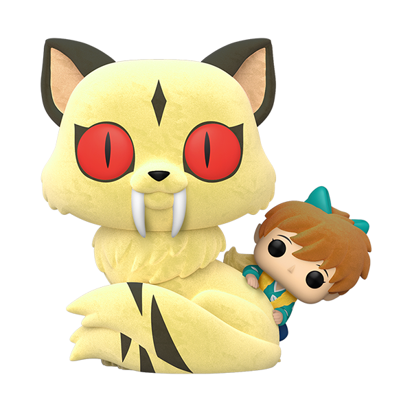 Pop! Kirara and Shippo, flocked version. Shippo peeks out from behind Pop! Kirara.
