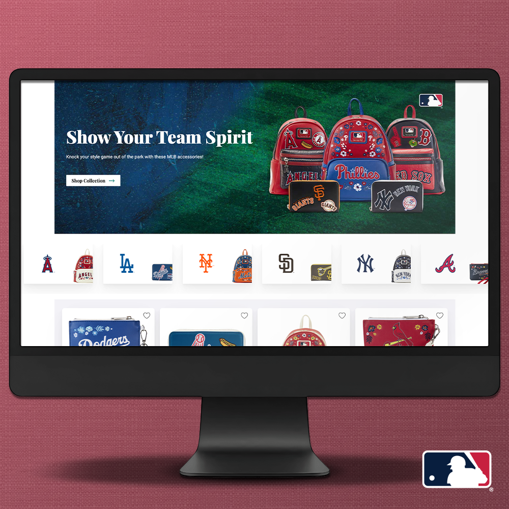 Red background with Black computer screen with screen grab of Loungefly MBL landing page