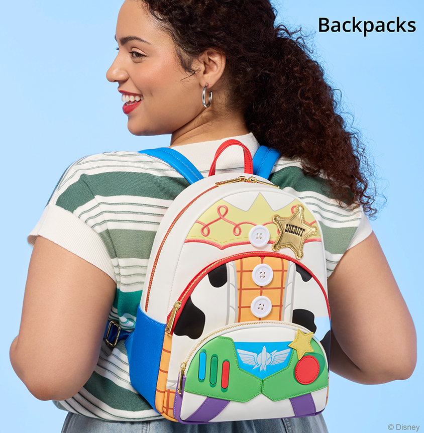 Blue background with model showcasing Loungefly Disney Pixar Toy Story 5 backpack