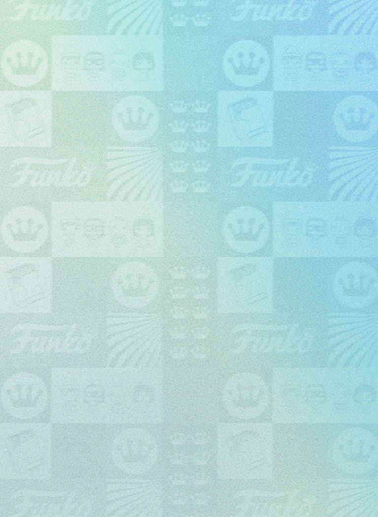 Teal to Blue gradient grain background with Funko pattern featuring Funko Crown logo and Pop! figures
