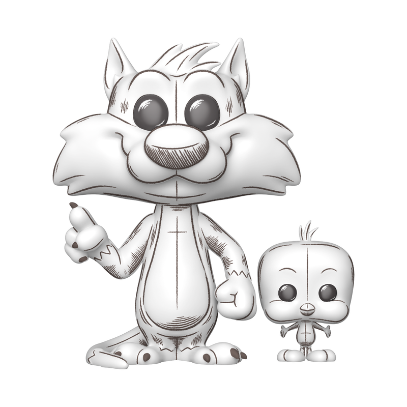 POP! & Buddy Sylvester and Tweety from Looney Tunes, featuring a sketched deco. The two Funko POP! figures are painted in a way that resembles a sketch drawing on paper.