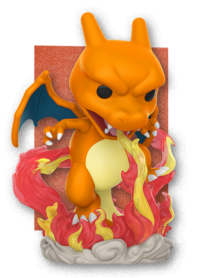 Red rectangle background featuring Funko POP! Charizard vinyl collectible