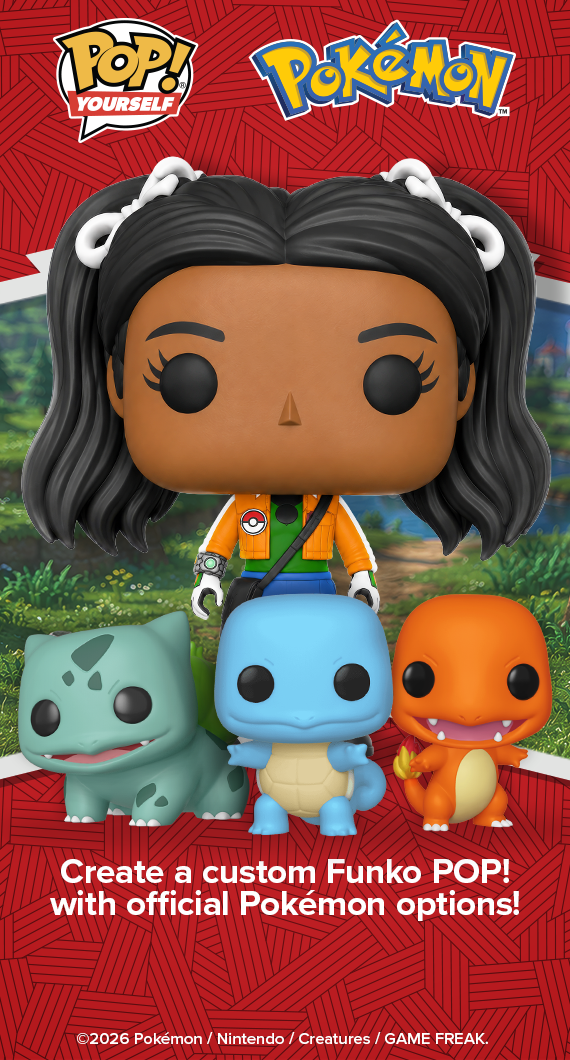 Red background with line pattern and Pok&eacute;mon field featuring White text to build a custom Funko POP! with official Pok&eacute;mon accessories