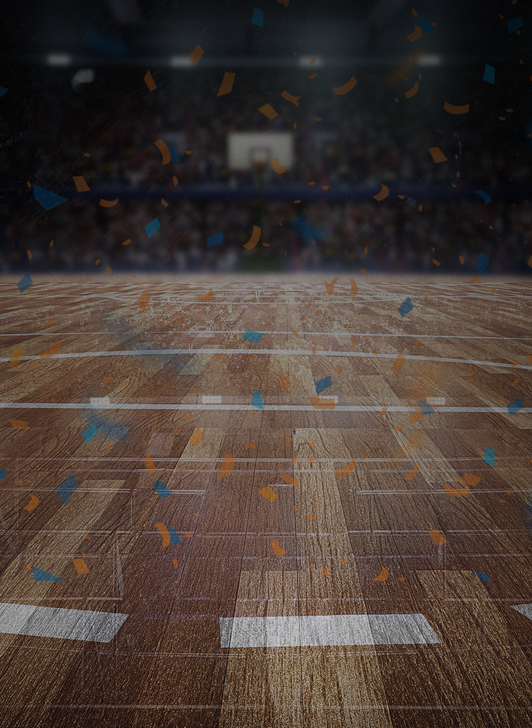 Basketball court background with Orange/Blue confetti