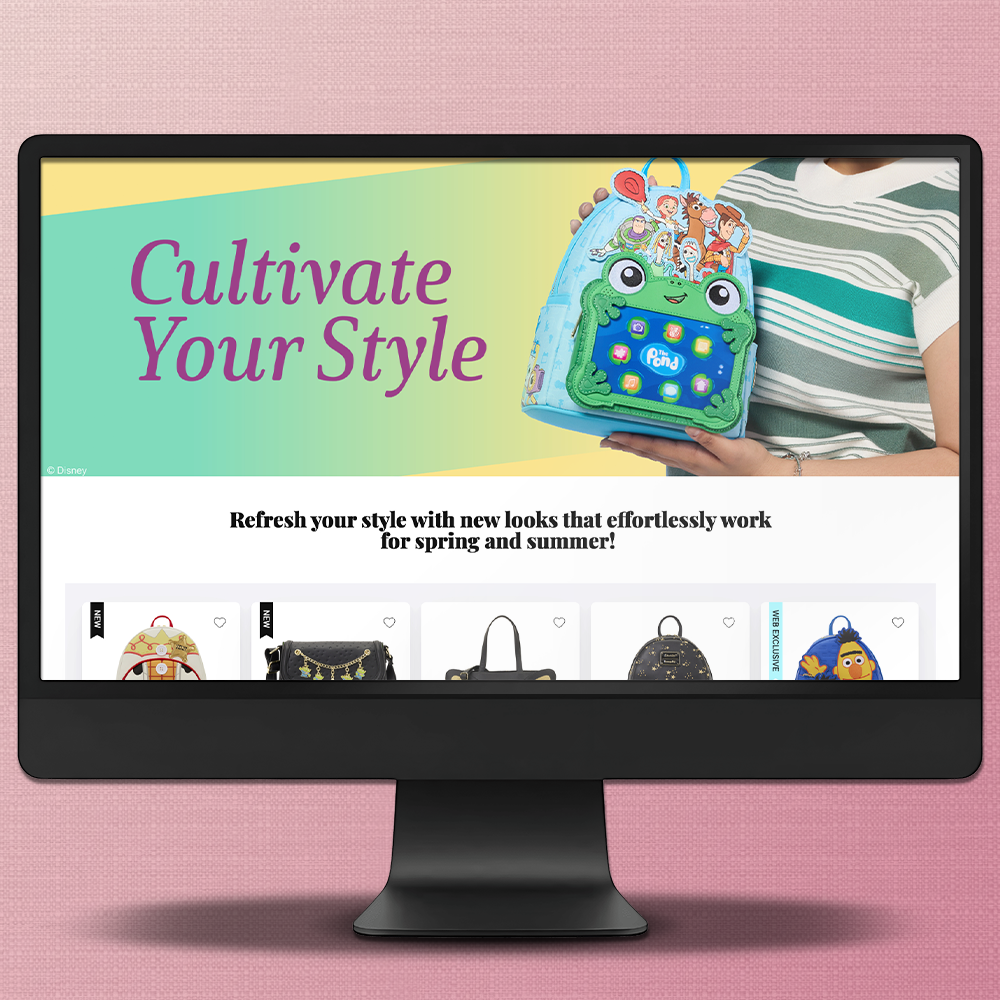 Pink background with Black computer screen with screen grab of Loungefly Seasonal Fashion landing page