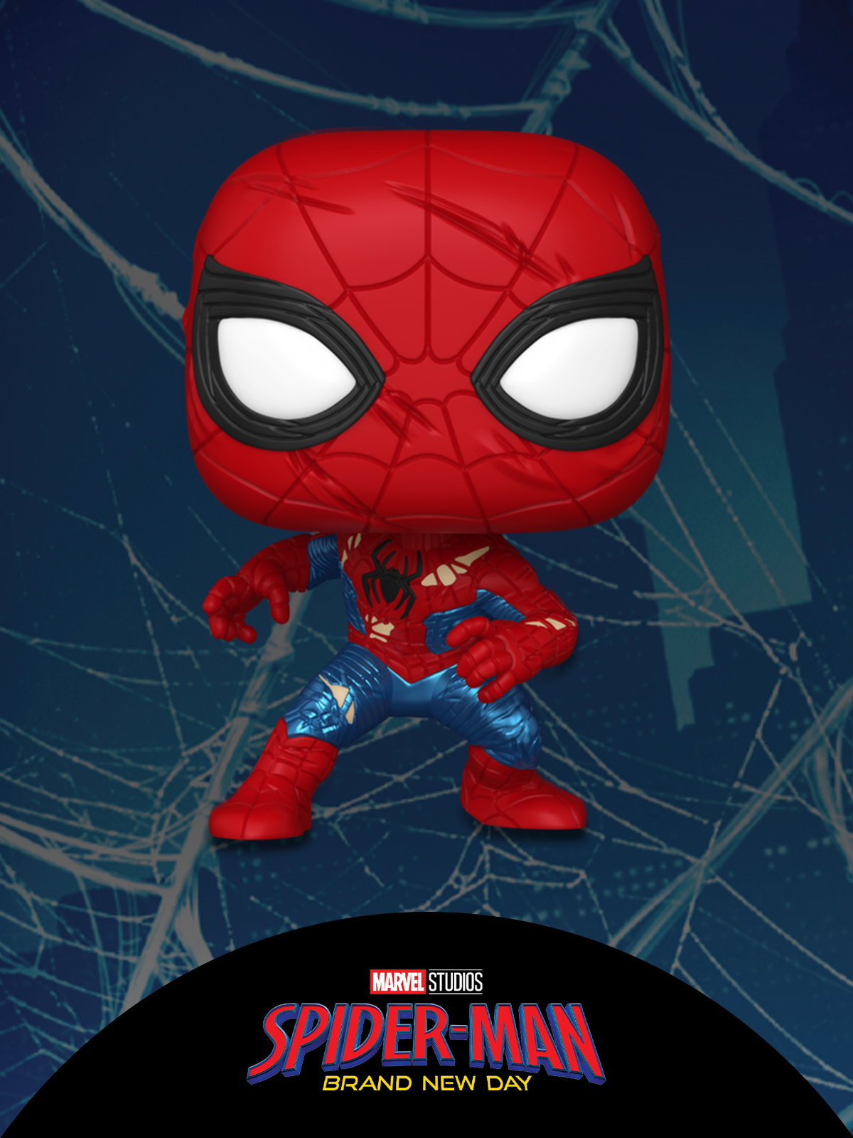 Dark Blue background with city skyline and spider webs featuring Funko Pop! Spider-Man Brand New Day Vinyl Collectibler