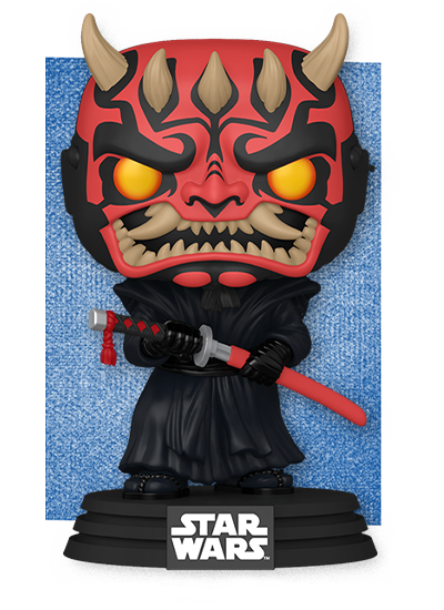 Blue rectangle background featuring Funko POP Star Wars Darth Maul