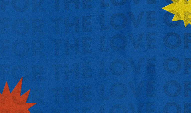 Blue  background with "For the Love of POP!" text overlay pattern and Orange/Yellow color bursts