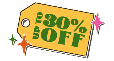 Yellow tag with stars and Green text for up to 30% off products