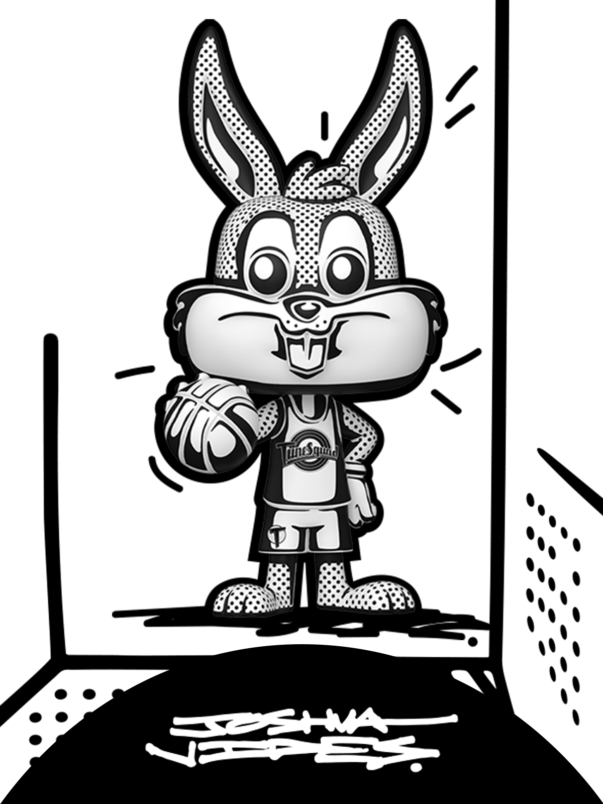 white cartoon drawn background with Bugs Bunny x Joshua Vides Funko Pop