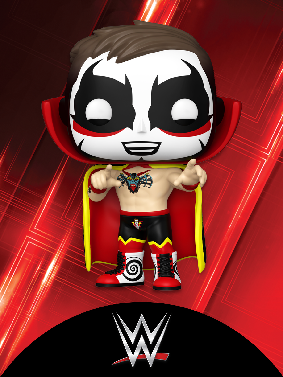 Red Black striped glowing background featuring Funko Pop! WWE Danhausen (Halloween) vinyl collectible