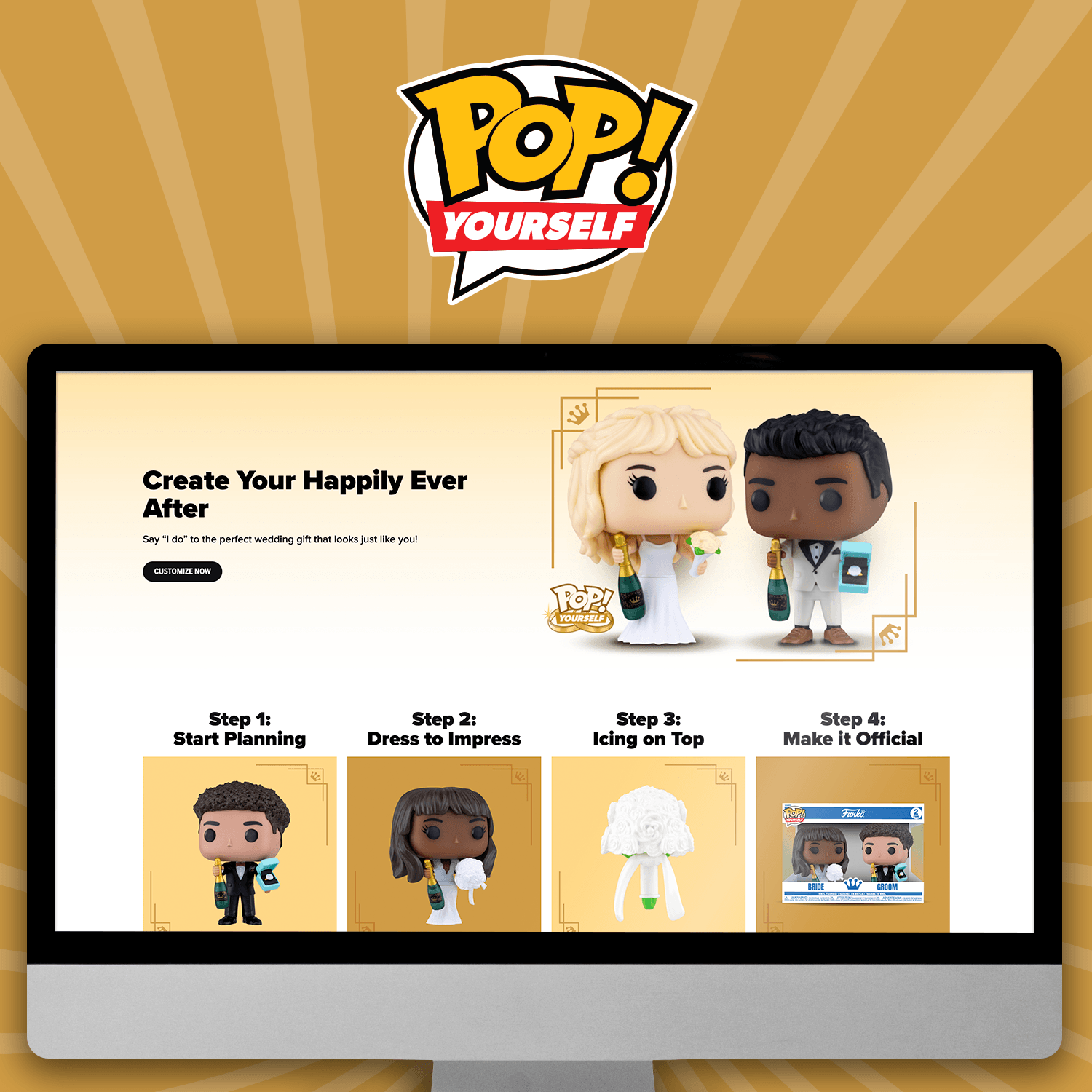 Brown swirl background with computer screen showcasing Funko POP! Yourself Weddings. Click to learn more about custom POP!s