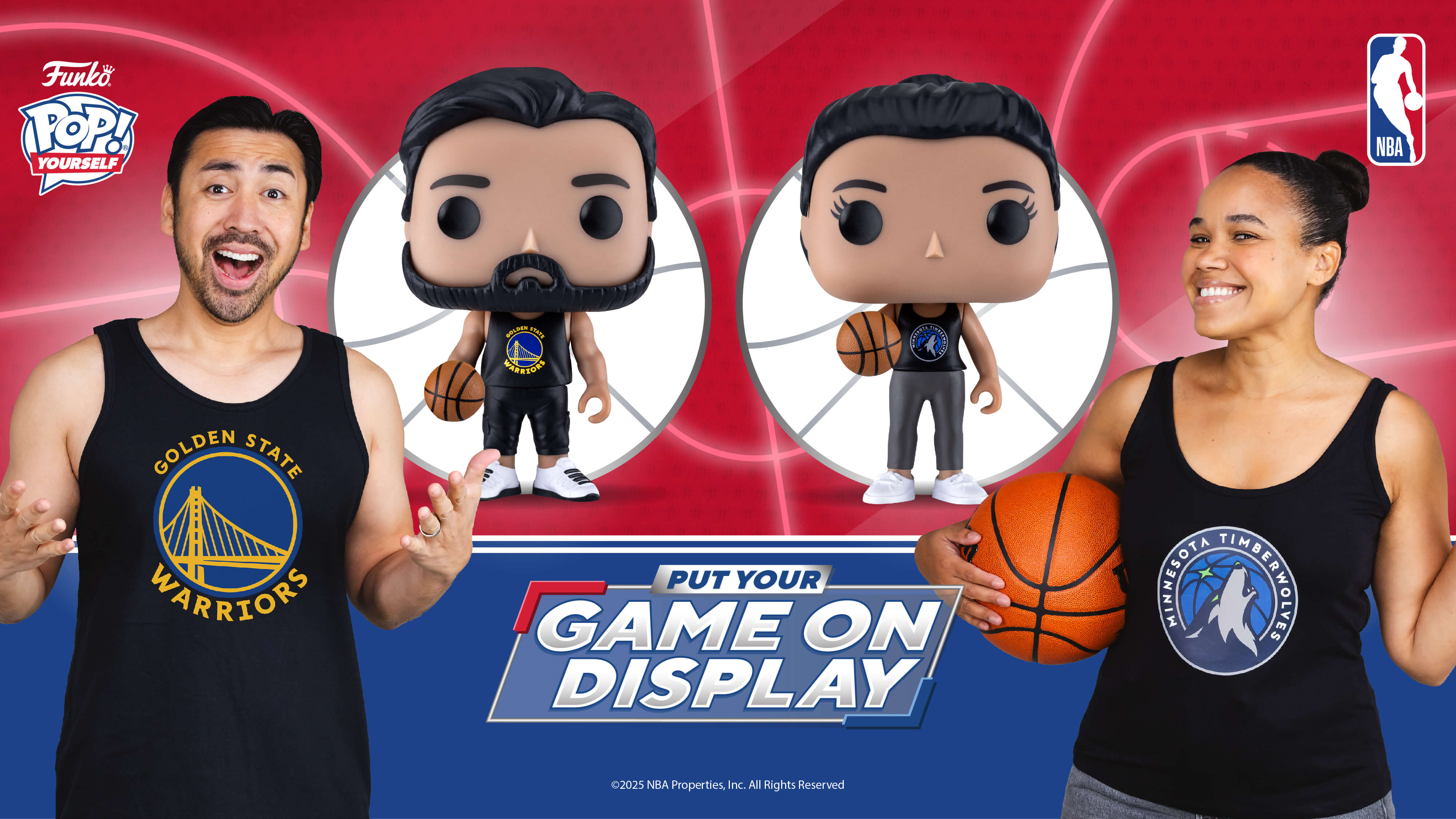 This image shows the "Put Your Game on Display" logo with a woman and a man as NBA fans wearing tank tops supporting the Golden State Warriors and  Minnesota Timberwolves. Their POP! Yourself figures are near them, representing their respective skin tones, hairstyles, and team tank tops.