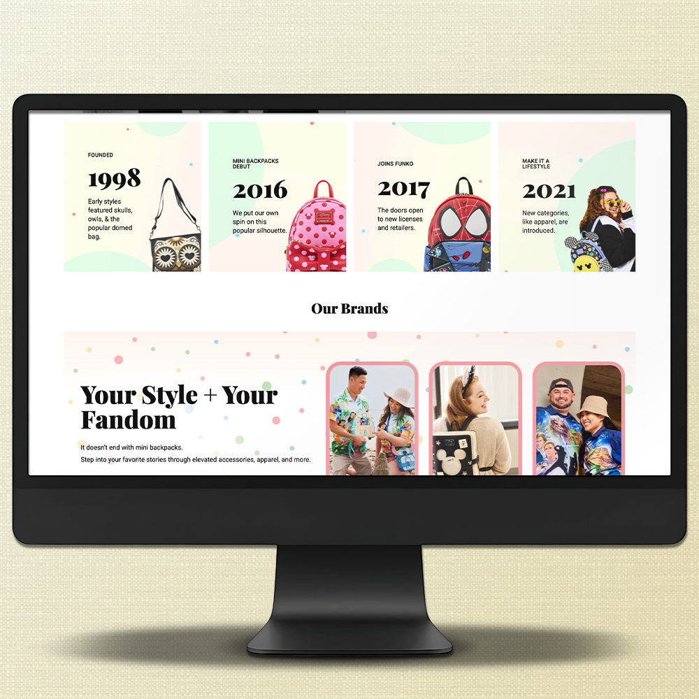 Yellow background with Black computer screen with screen grab of Loungefly About Us page