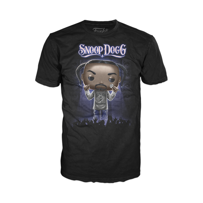 Pop!  Snoop Dogg appears, in concert, on a black, crewneck, short-sleeved tee shirt.