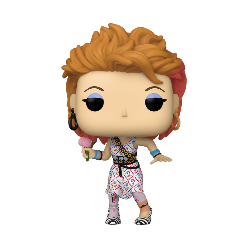 Pop! Cyndi Lauper, holding flowers and dancing in a colorful 80s music video outfit