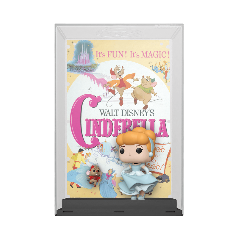 The Pop! Movie Posters Cinderella with Jaq features the original poster artwork from Disney’s Cinderella, along with Funko Pops! of Cinderella and Jaq the mouse. Jaq wears a red hat and coat while jumping into the air, and Cinderella twirls in her blue ballgown. The artwork and collectibles appear in a transparent acrylic display case.