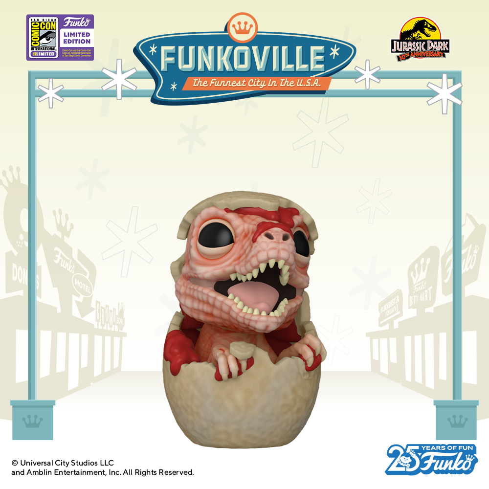 You'll feel gooey when you see the 2023 SDCC-exclusive Pop! Hatching Raptor. Still clutching the edge of it's shell, this little raptor is a cute Jurassic Park addition.