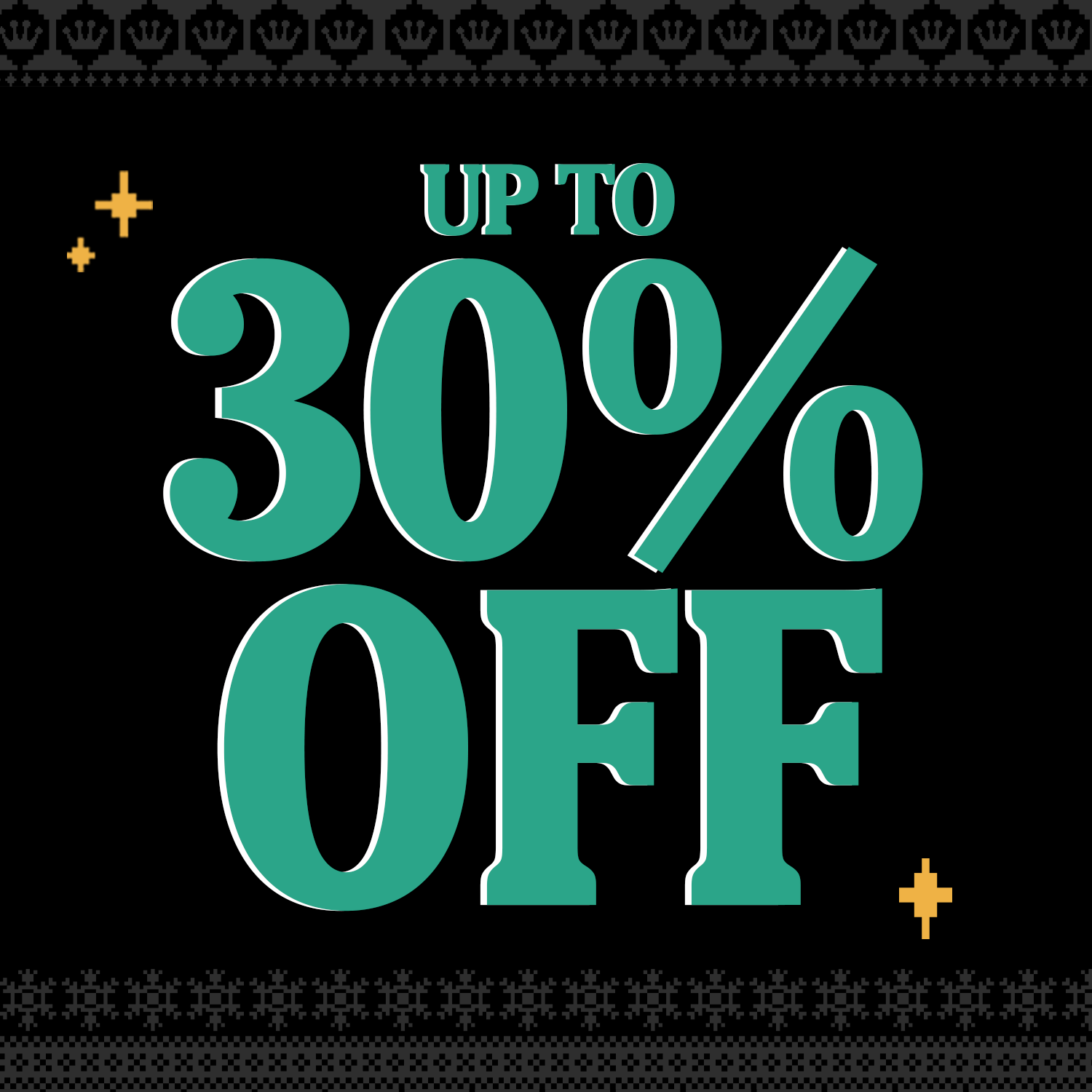 Black background with Gray ugly Christmas sweater pattern and Teal text for Funko's Black Friday sale. Click to shop up to 30% Off