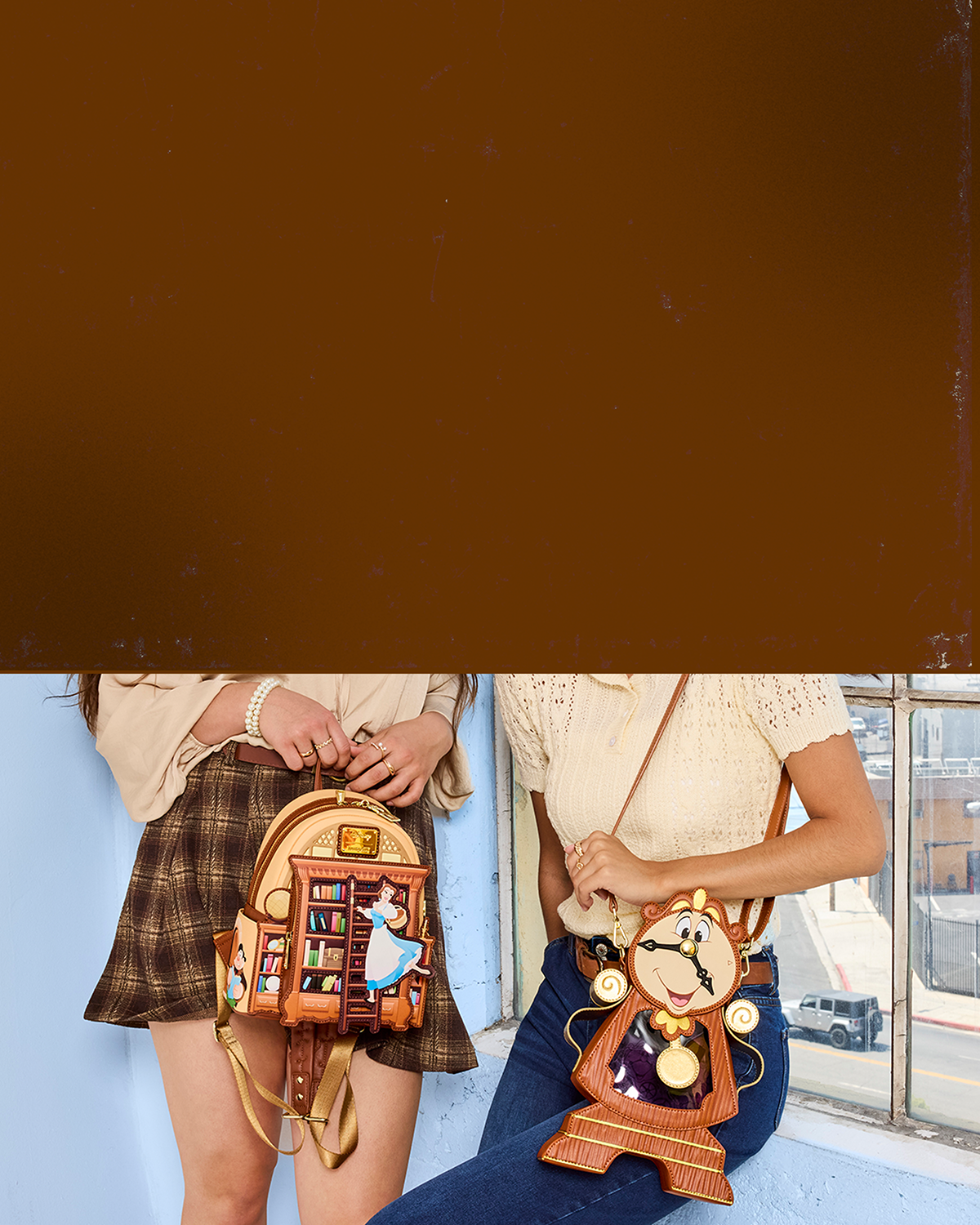 Brown color gradient with lifestyle of models showcasing Lougnefly D23 Exclusives