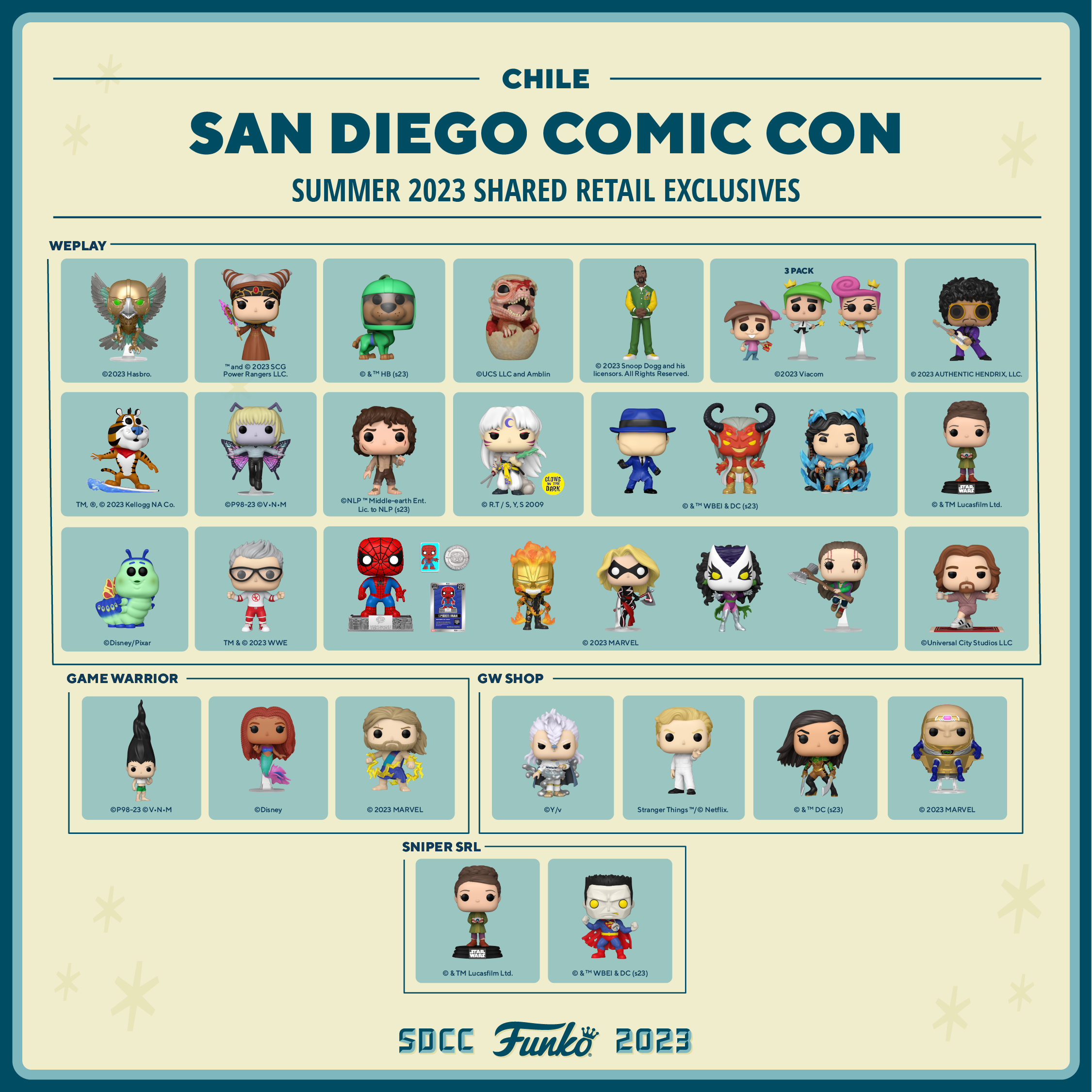 This just in from the Funkoville Visitor's Center, here is the 2023 SDCC Shared Retailer Guide for Chile!