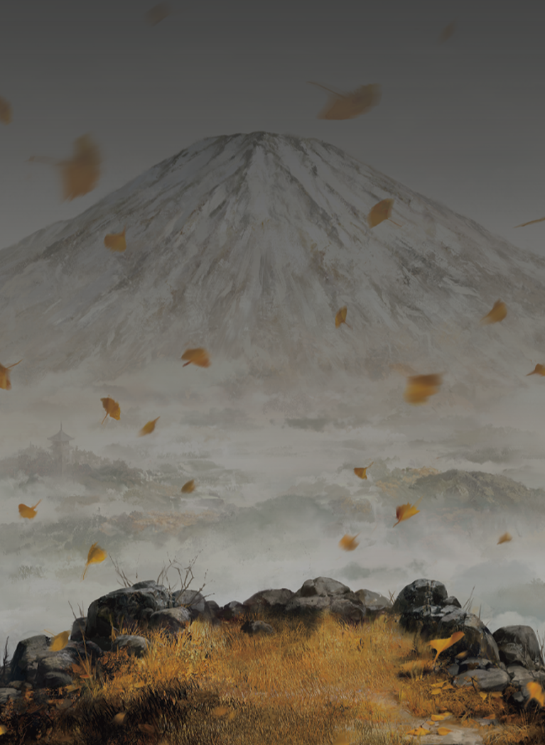 Cartoon drawing of mountain with falling leaves