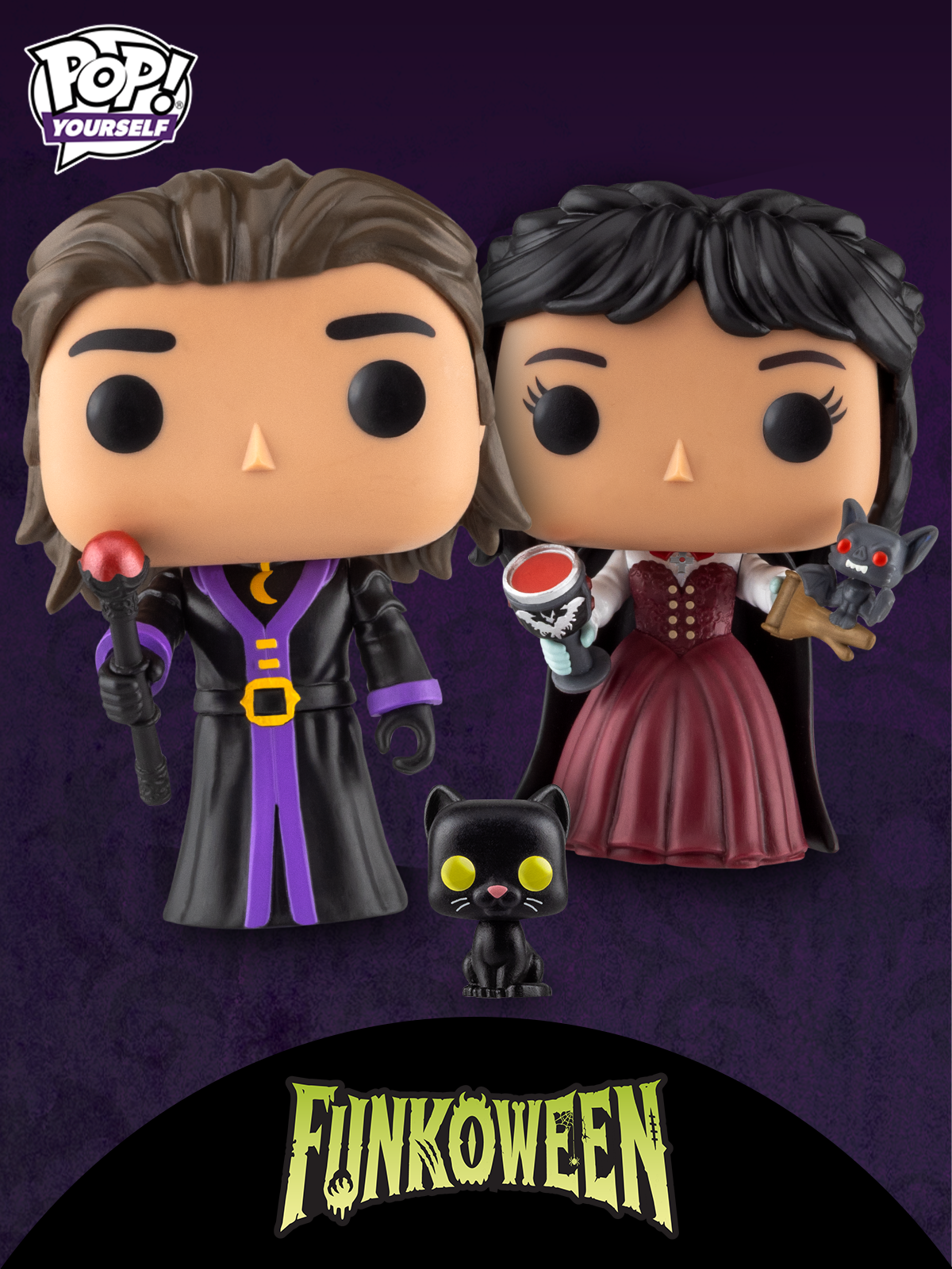 Dark Purple background with Funkoween logo and Pop! Yourself Halloween accessories