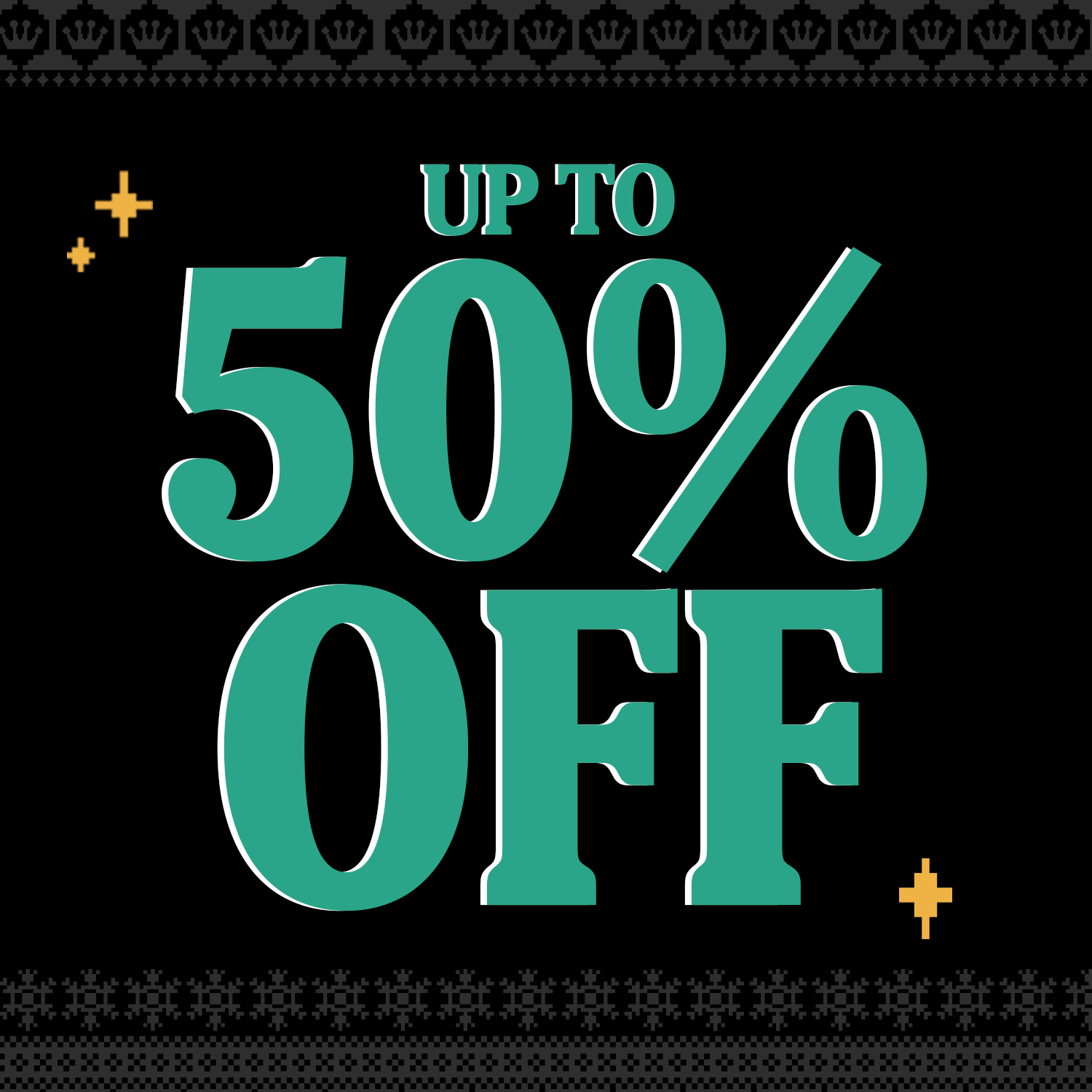 Black background with Gray ugly Christmas sweater pattern and Teal text for Funko's Black Friday sale. Click to shop up to 50% Off