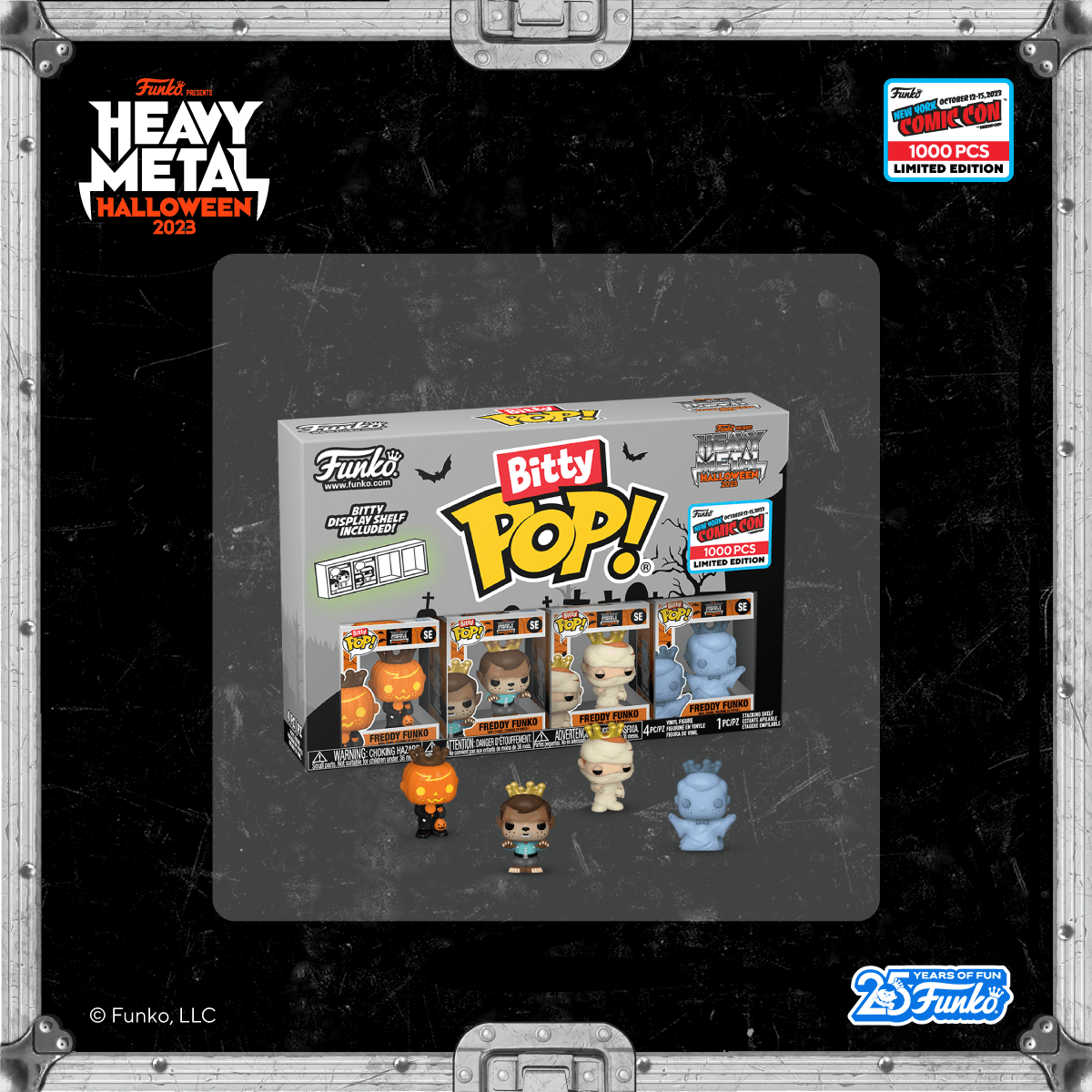 Four new, NYCC-exclusive Bitty Pop! Freddy Funko figures feature jack-o-lantern, ghost, werewolf, and mummy costumes.