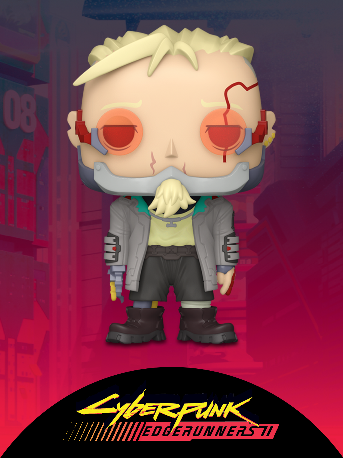 Purple Red gradient overlay with sci-fi city background featuring Funko Pop! Cyberpunk vinyl collectibles