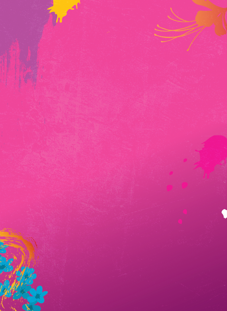 Pink gradient background with paint splatters and cartoon florals