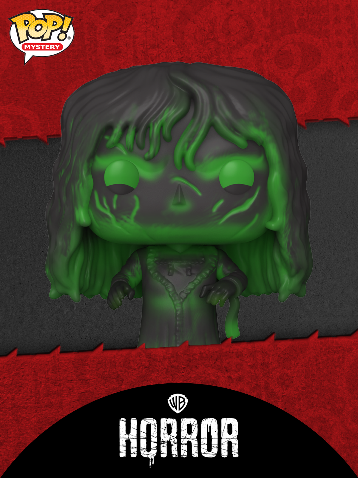 Red background with question mark pattern and box rip featuring Funko Pop! Mystery Warner Bros. Horror line